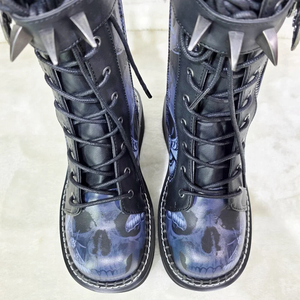 NIB NEW DEMONIA Emily Death Moth Skull Graphic Platform Goth Punk Mid Calf Boots - Picture 6 of 16